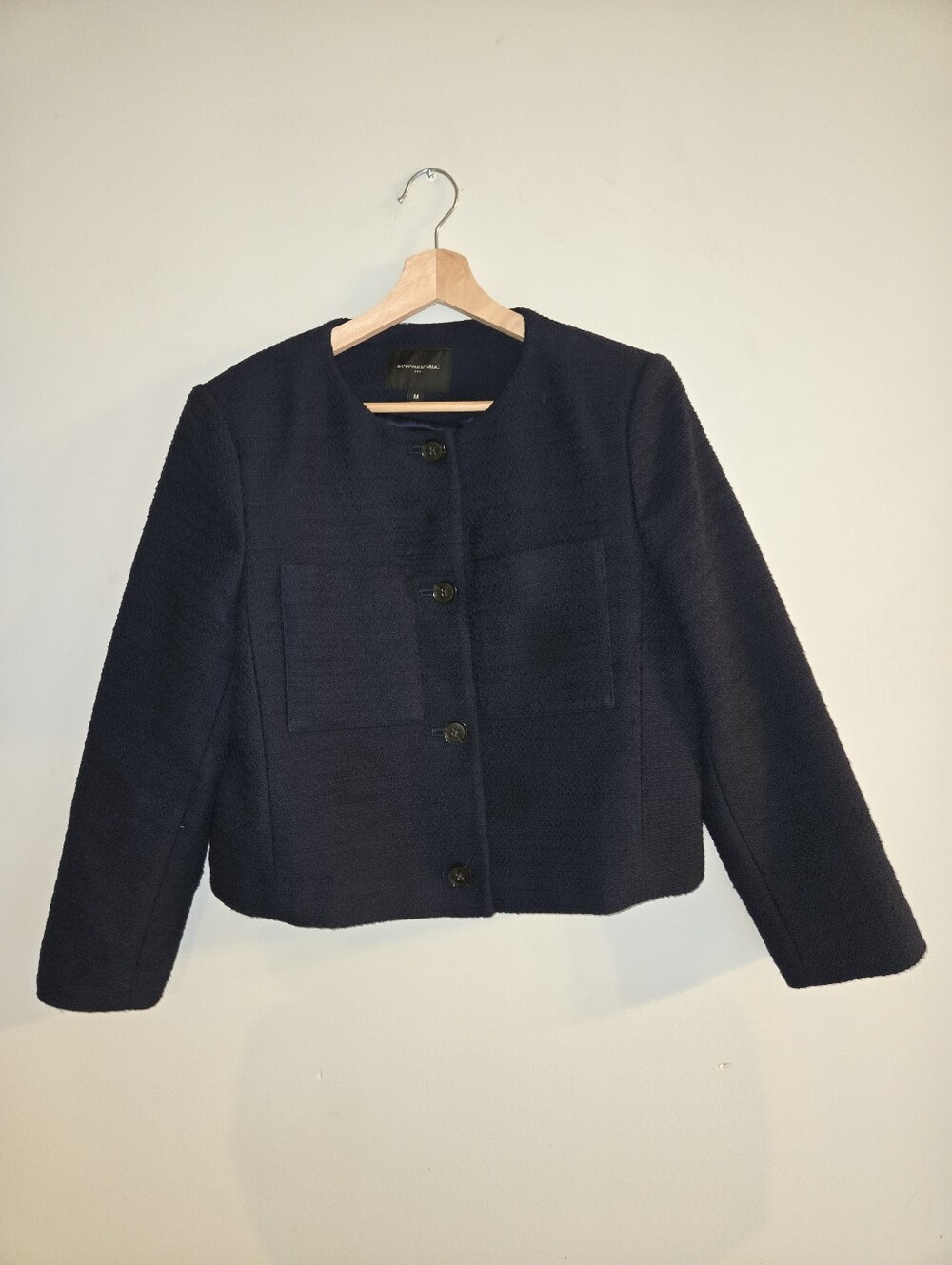 Banana Republic Navy Blue Textured Cotton Collarless Cropped Blazer Jacket M Mod